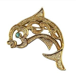 Vintage Gold Tone Open Work Dolphin Brooch with Aqua Blue Rhinestone Crystal Eye